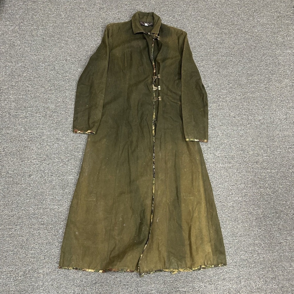O'Halloran Duster Coat Mens S Olive Green Canvas Camo Trim Distressed B4
